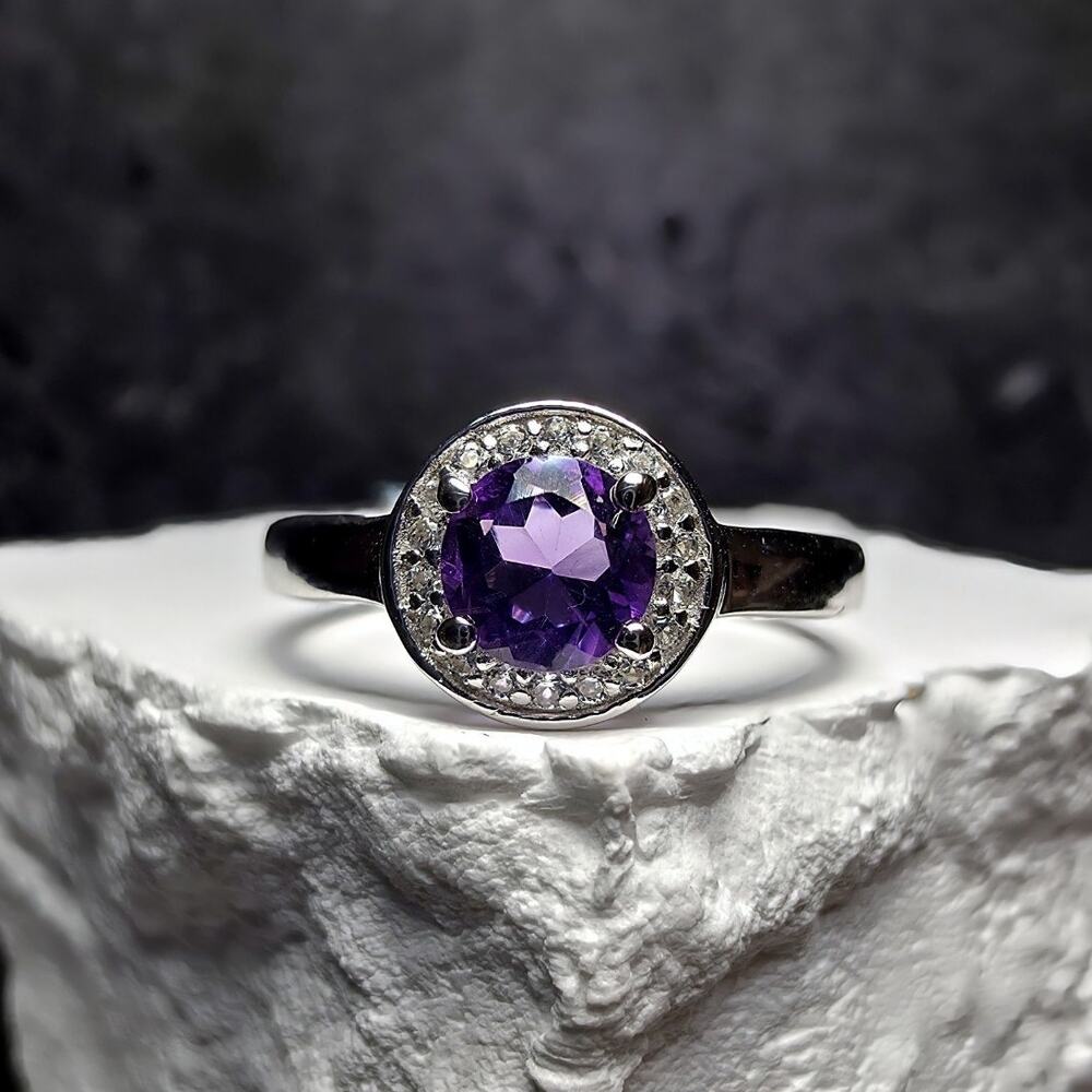 Size 6.5 Natural Amethyst & 0.52ctw Moissanite Halo Ring 925 Sterling Silver